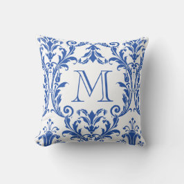 Monogram witte en blauwe Damask Floral Swirls Kussen