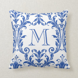 Monogram witte en blauwe Damask Floral Swirls Kussen