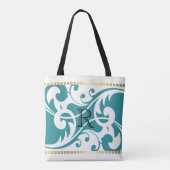 Monogram witte en Blauwgroen Vlaamse Goudgrens Tote Bag (Achterkant)