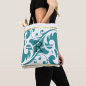 Monogram witte en Blauwgroen Vlaamse Goudgrens Tote Bag (Dichtbij)