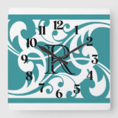 Monogram witte en Blauwgroen Vlaamse Goudgrens Vierkante Klok (Voorkant)