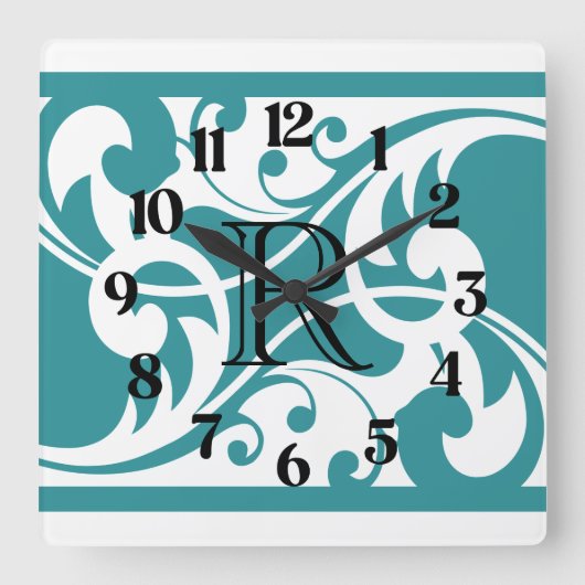 Monogram witte en Blauwgroen Vlaamse Goudgrens Vierkante Klok (Voorkant)