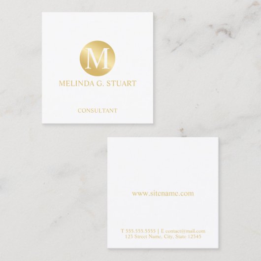 Monogram witte en goudlegant vierkante visitekaartje (Voorkant / Achterkant)