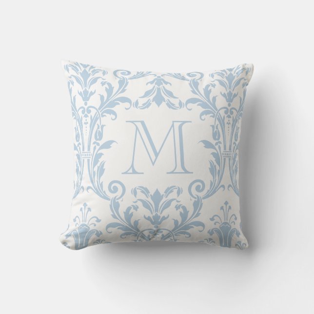 Monogram witte en lichte blauwe Damask Floral Swir Kussen (Voorkant)