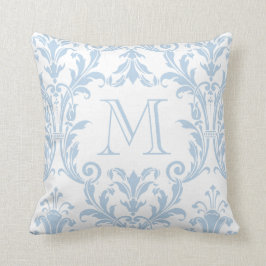 Monogram witte en lichte blauwe Damask Floral Swir Kussen