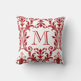Monogram witte en rode Damask Floral Swirls Kussen
