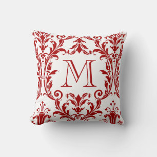 Monogram witte en rode Damask Floral Swirls Kussen