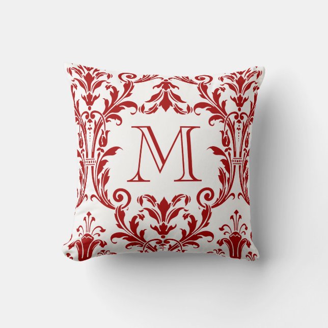 Monogram witte en rode Damask Floral Swirls Kussen (Voorkant)