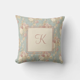 Monogram Witte en Roze Blush Rozen op Blauw Kussen