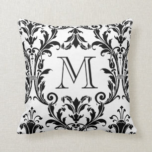 Monogram witte en zwarte Damask Floral Swirls Kussen