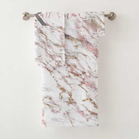 Monogram Witte Grijs Goud Roze Marmer Trendy  Bad Handdoek (Insitu)