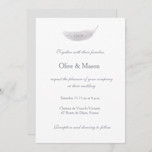 Monogram Witte Grijze Engel Veer Elegante Huwelijk Kaart (Voorkant / Achterkant)