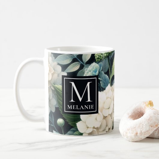 Monogram Witte Hydrangea Douanenaam Koffiemok (Met donut)