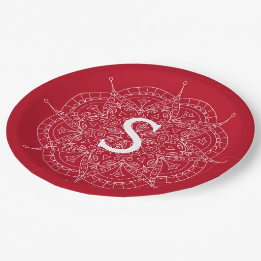 Monogram witte kant rood papieren bordje (Gekanteld)