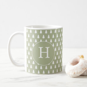 Monogram Witte Kerstboom Patroon Groen Kado Koffiemok