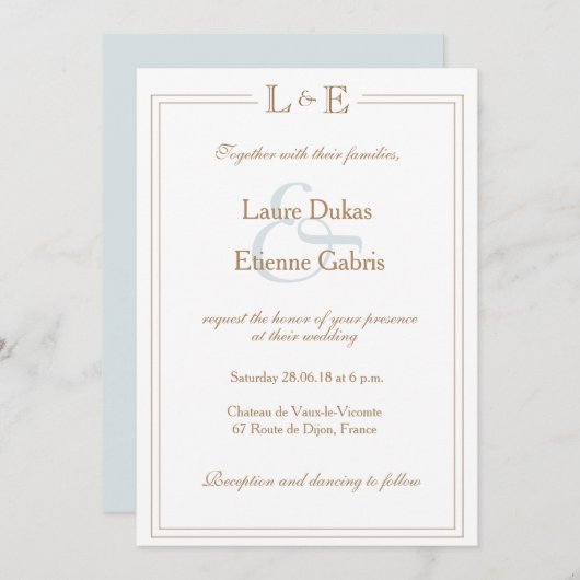 Monogram witte lichtblauwe ampersand moderne bruil kaart (Voorkant / Achterkant)