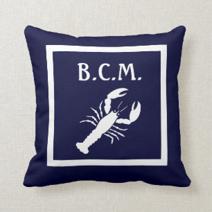 monogram & WITTE LOBSTER & ANKERWITTE OP BLAUW Kussen