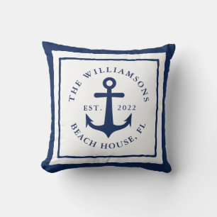 Monogram witte marineblauw Nautical Anchor Family Kussen
