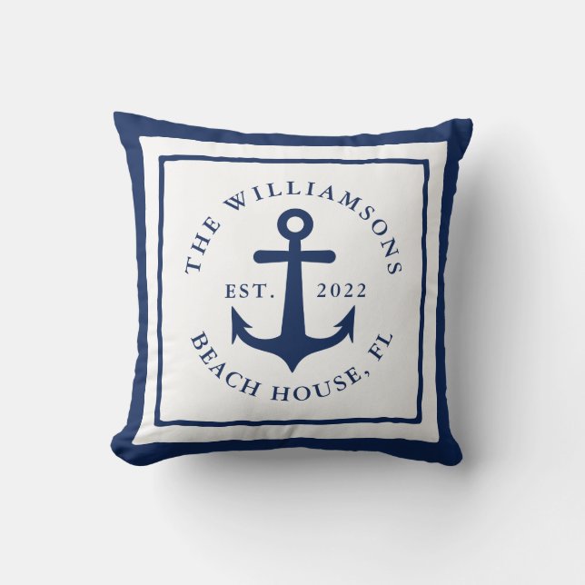 Monogram witte marineblauw Nautical Anchor Family Kussen (Voorkant)