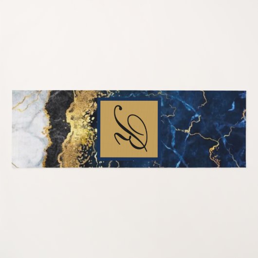 Monogram witte marmer Blue Gold Agate Yogamat (Voorkant (horizontaal))