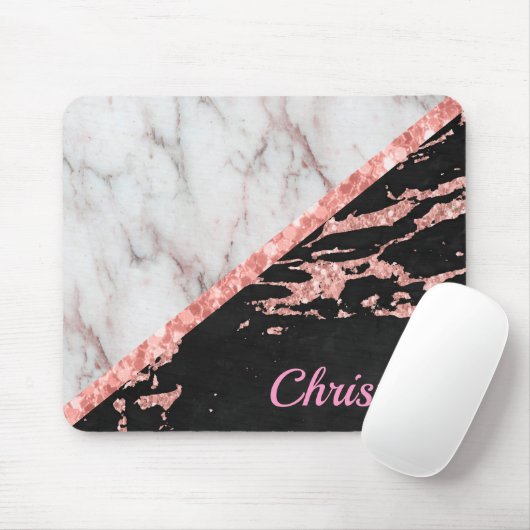 Monogram witte marmer en zwart roze glitter muismat (Met muis)