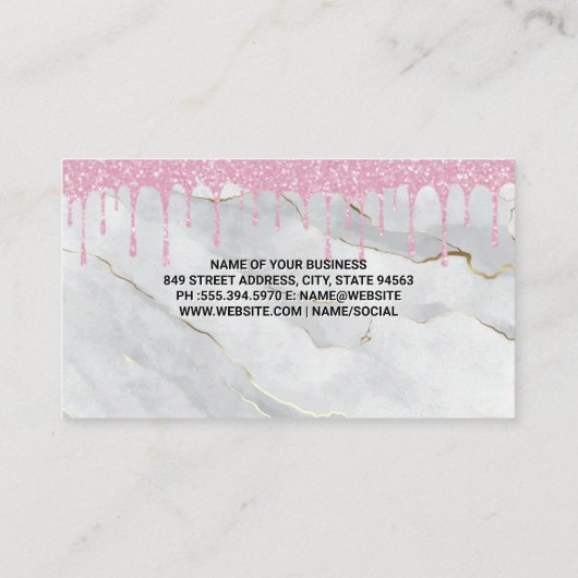 Monogram | Witte Marmer | Glitter Drip Roze Visitekaartje (Achterkant)
