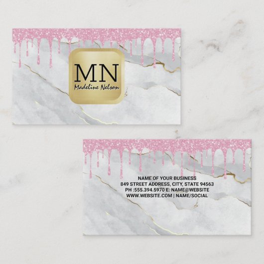 Monogram | Witte Marmer | Glitter Drip Roze Visitekaartje (Voorkant / Achterkant)
