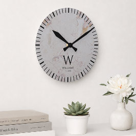 Monogram Witte Marmer Zwart Initiaal & Aangepaste  Ronde Klok