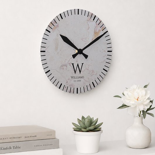 Monogram Witte Marmer Zwart Initiaal & Aangepaste  Ronde Klok