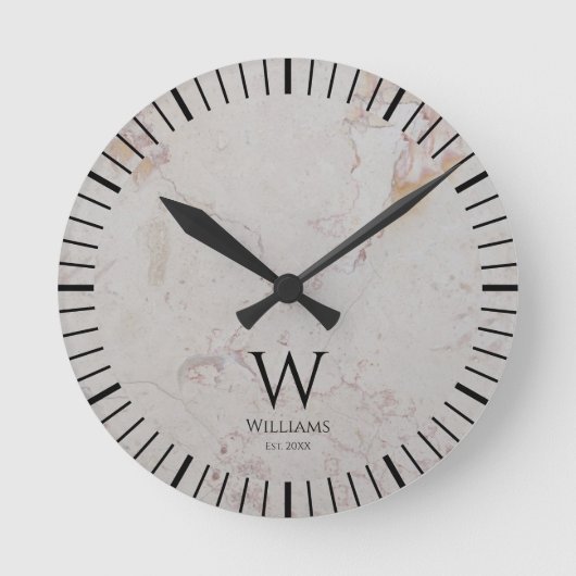 Monogram Witte Marmer Zwart Initiaal & Aangepaste Ronde Klok (Voorkant)