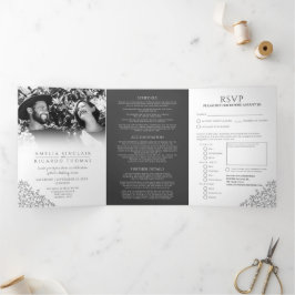 Monogram witte monotone bladeren all-in-one bruilo drieluik uitnodiging