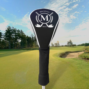 Monogram witte naam op Black Golf Club Head Hoesje Golfheadcover