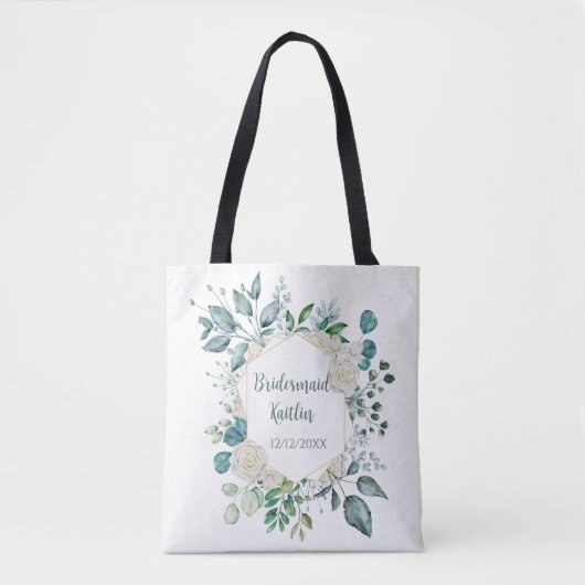 Monogram Witte Roos Groene Plant Eucalyptus Bruids Tote Bag (Voorkant)