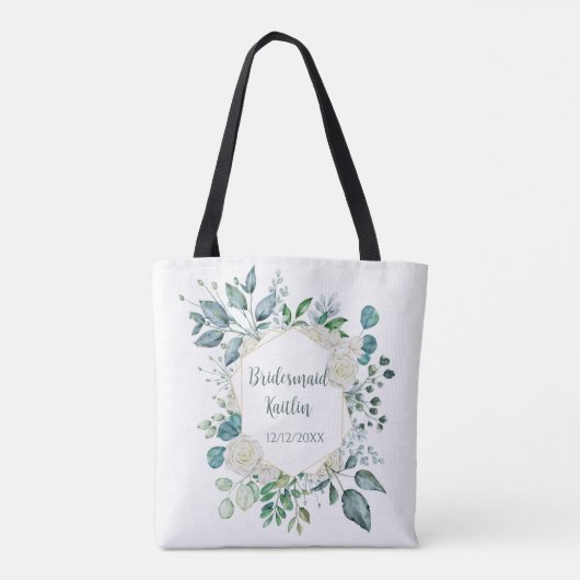 Monogram Witte Roos Groene Plant Eucalyptus Bruids Tote Bag (Achterkant)