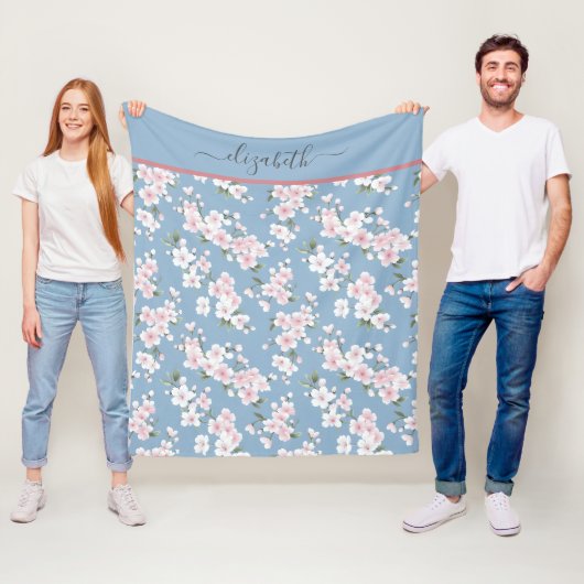 Monogram Witte Roze Blau Bloem Bloem Shabby Chic Fleece Deken (In situ)