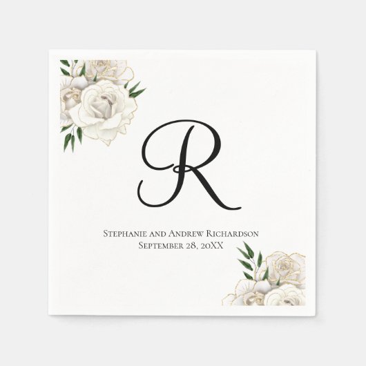 Monogram Witte Rozen Bloemen Elegante Bruiloft Ser Servet (Voorkant)