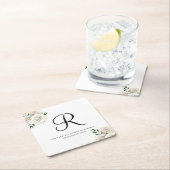 Monogram witte rozen bloemenelegante bruiloft kartonnen onderzetters (Insitu)