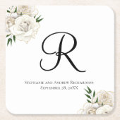 Monogram witte rozen bloemenelegante bruiloft kartonnen onderzetters (Voorkant)