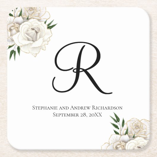 Monogram witte rozen bloemenelegante bruiloft kartonnen onderzetters (Voorkant)