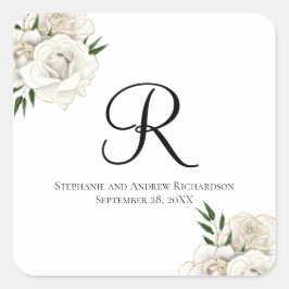 Monogram witte rozen bloemenelegante bruiloft vierkante sticker