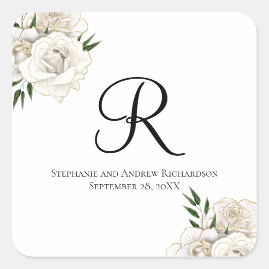 Monogram witte rozen bloemenelegante bruiloft vierkante sticker (Voorkant)