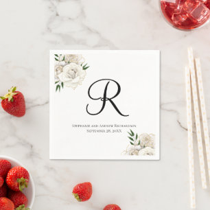 Monogram Witte Rozen Bloemige Elegante Trouwservet Servet
