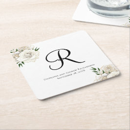 Monogram Witte Rozen Bloemrijke Elegante Trouw Kartonnen Onderzetters