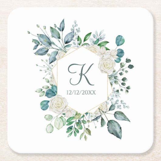 Monogram Witte Rozen Groene Eucalyptus Bruiloft Kartonnen Onderzetters (Voorkant)