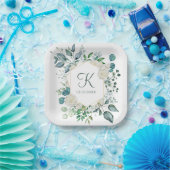 Monogram Witte Rozen Groene Eucalyptus Bruiloft Papieren Bordje (Feest)