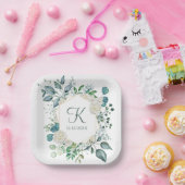 Monogram Witte Rozen Groene Eucalyptus Bruiloft Papieren Bordje (Feest)