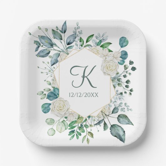 Monogram Witte Rozen Groene Eucalyptus Bruiloft Papieren Bordje (Voorkant)