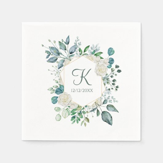Monogram Witte Rozen Groene Eucalyptus Bruiloft Servet (Voorkant)
