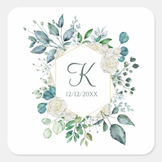 Monogram Witte Rozen Groene Eucalyptus Bruiloft Vierkante Sticker (Voorkant)