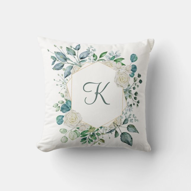 Monogram Witte Rozen Groene takken Eucalyptus Bloe Kussen (Voorkant)